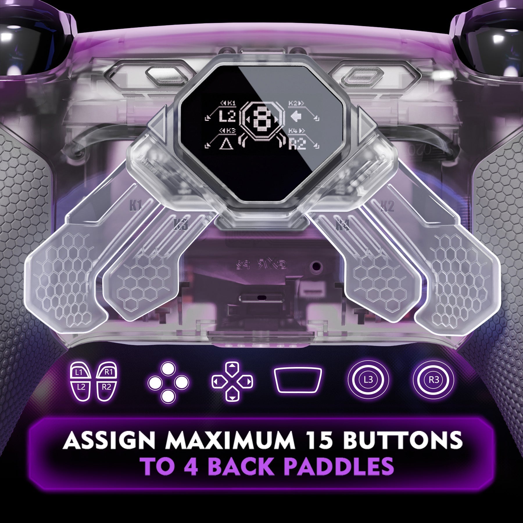 eXtremeRate SPARK Back Paddles Kit with OLED Display & Clicky Trigger Stops & Ergonomic Grips for PS5 Controller BDM-030/040/050/060 - Rubberized Clear & Gray eXtremeRate