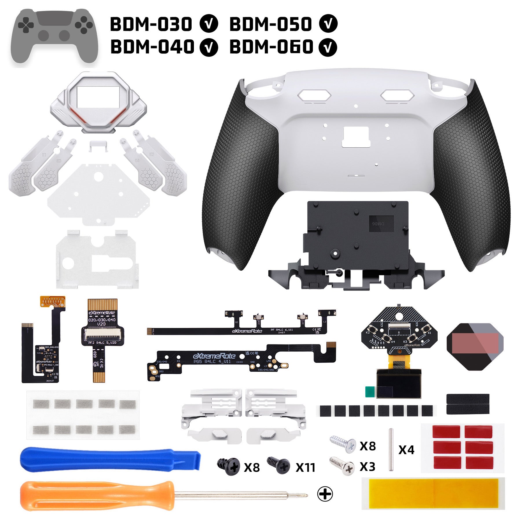 eXtremeRate SPARK Back Paddles Kit with OLED Display & Clicky Trigger Stops & Ergonomic Grips for PS5 Controller BDM-030/040/050/060 - Rubberized White & Black eXtremeRate