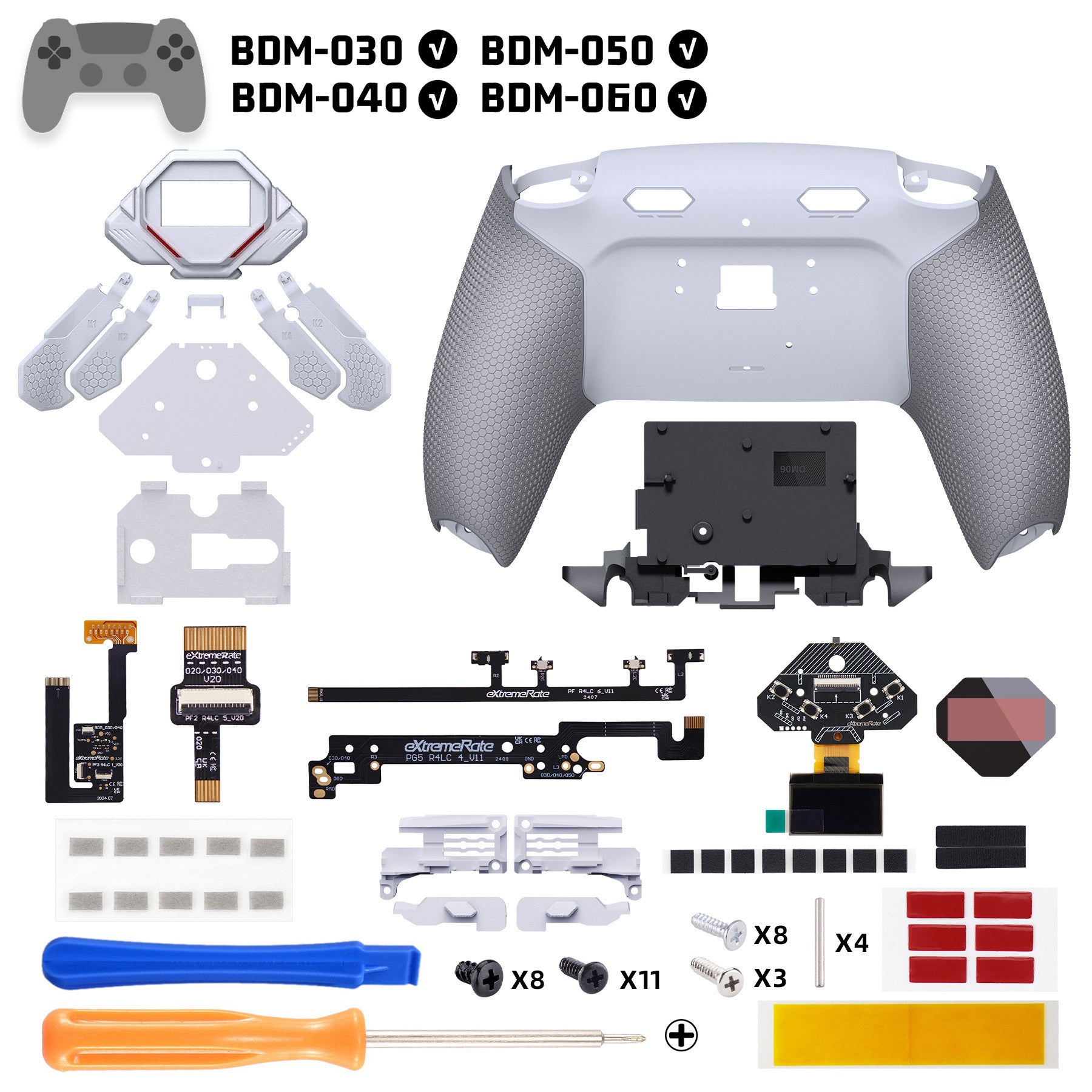 eXtremeRate SPARK Back Paddles Kit with OLED Display & Clicky Trigger Stops & Ergonomic Grips for PS5 Controller BDM-030/040/050/060 - Rubberized White & Gray eXtremeRate