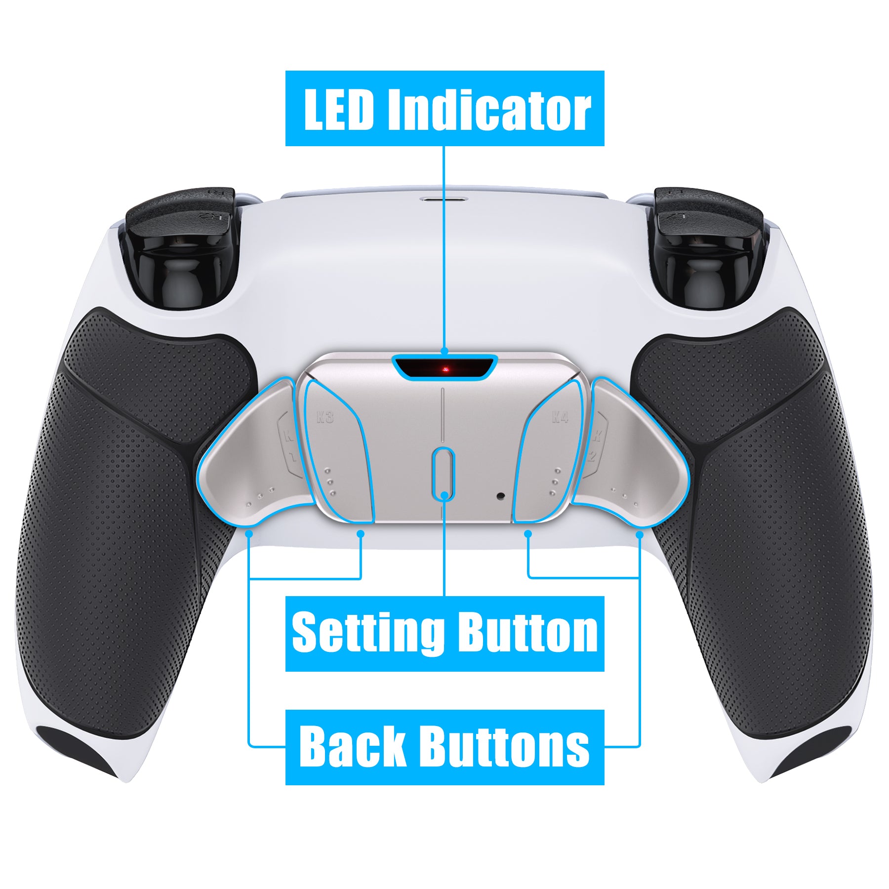 eXtremeRate Silver Real Metal Buttons (RMB) Version RISE4 V3 Remap Kit for PS5 Controller BDM-030/040/050 - Rubberized Black Grips with White Back Shell eXtremeRate