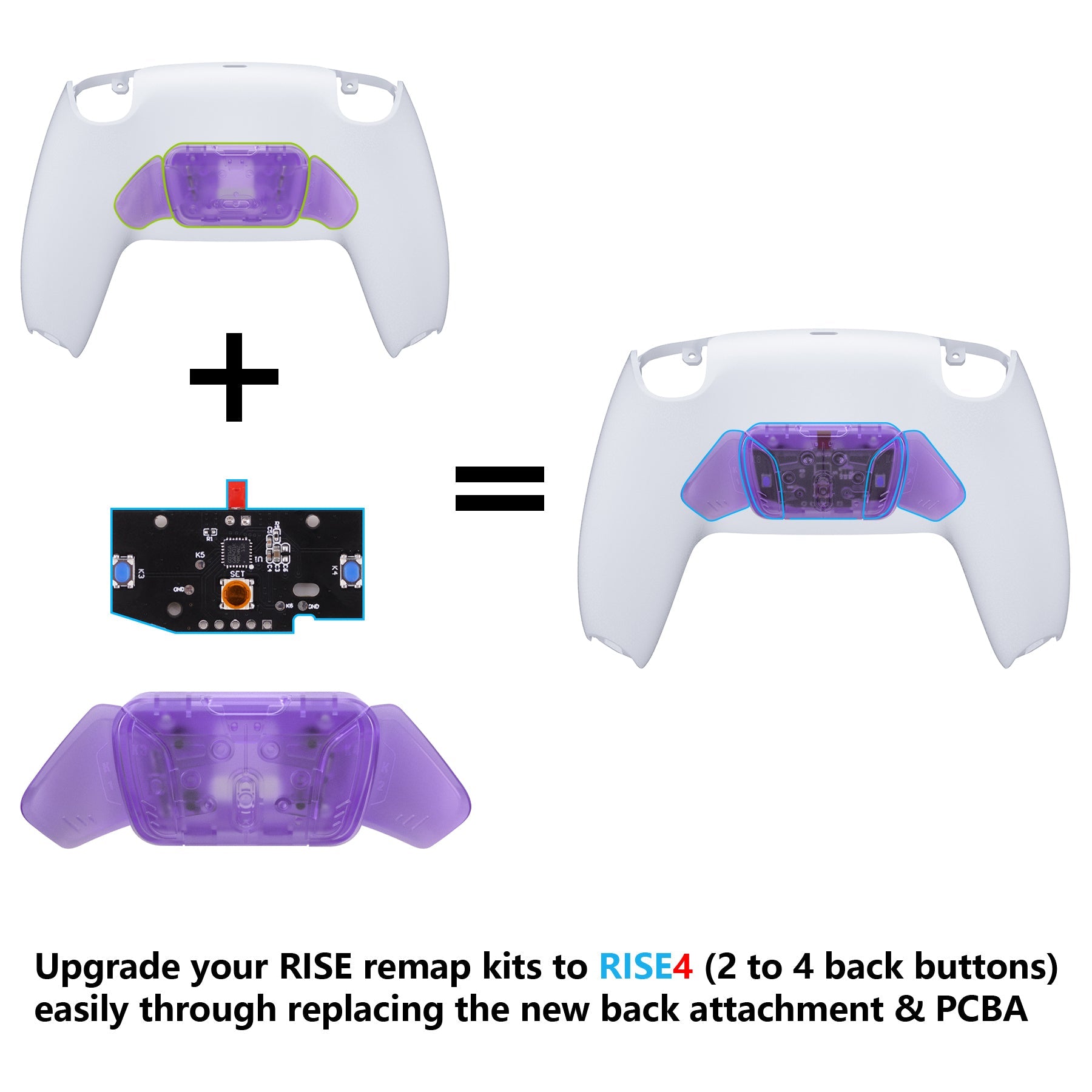 eXtremeRate Turn RISE to RISE4 Kit – Redesigned K1 K2 K3 K4 Back Buttons Housing & Remap PCB Board for eXtremeRate RISE & RISE4 Remap kit, Compatible with PS5 Controller - Clear Atomic Purple eXtremeRate