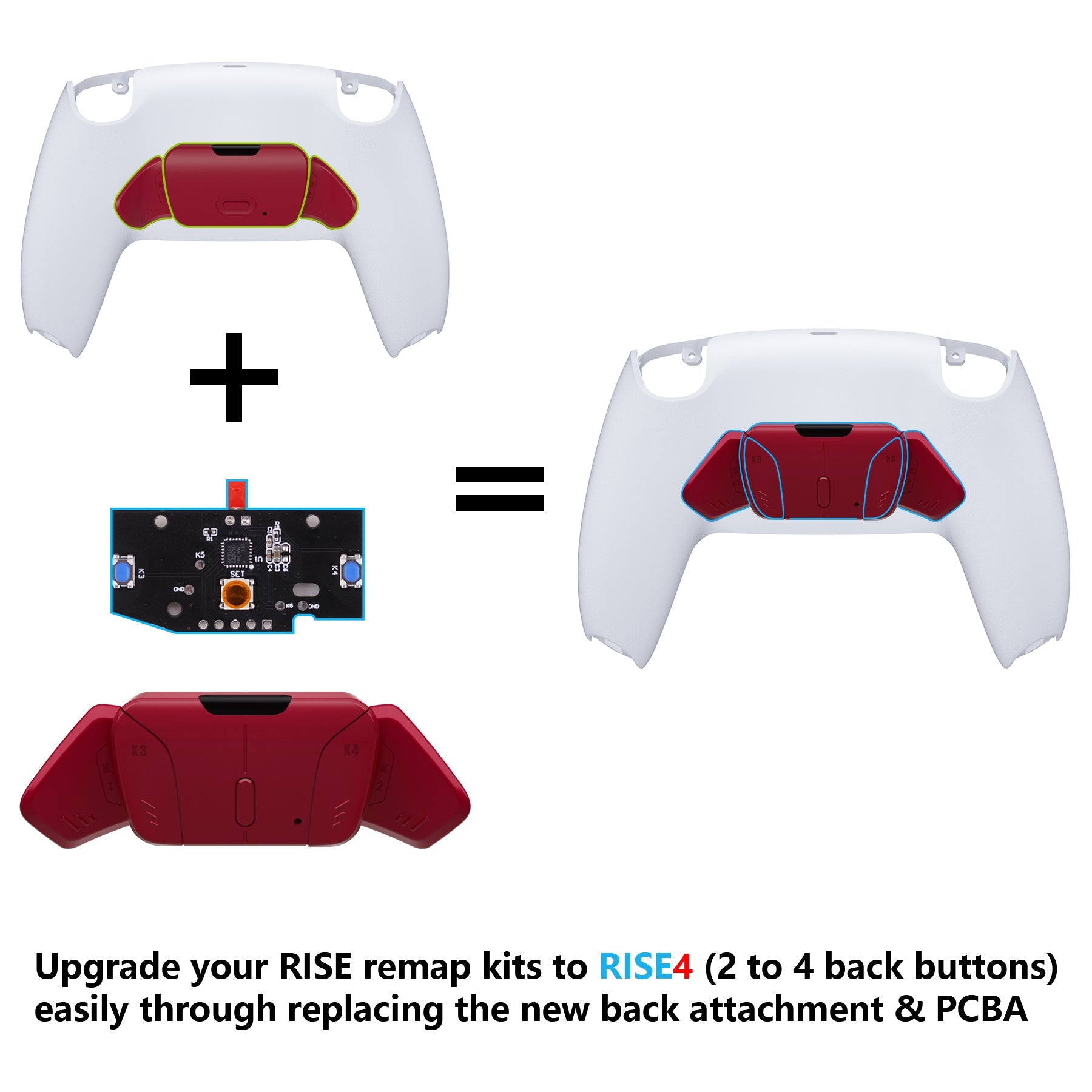 eXtremeRate Turn RISE to RISE4 Kit – Redesigned K1 K2 K3 K4 Back Buttons Housing & Remap PCB Board for eXtremeRate RISE & RISE4 Remap kit, Compatible with PS5 Controller - Volcanic Red eXtremeRate