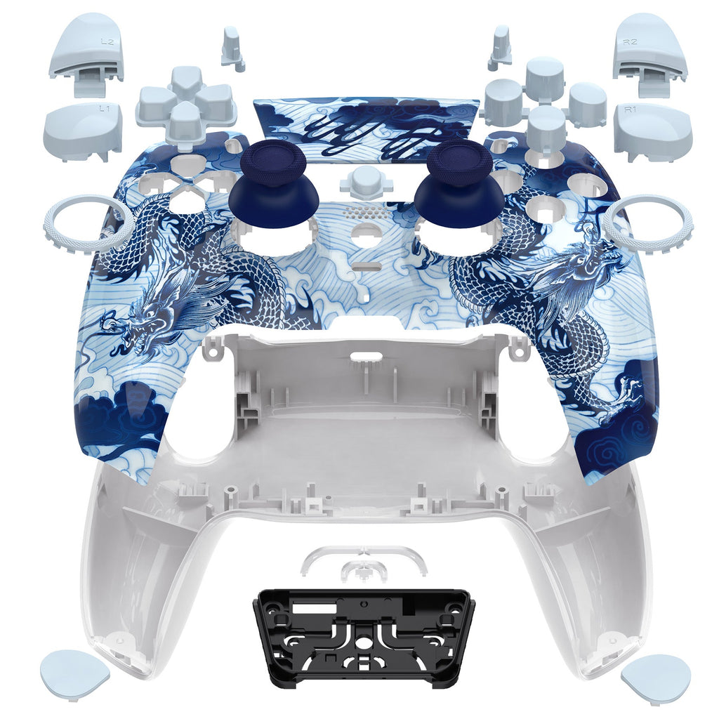 eXtremeRate LUNA Redesigned Replacement Full Set Shells with Buttons Compatible with PS5 Controller BDM-030/040/050 - Porcelain Dragon eXtremeRate