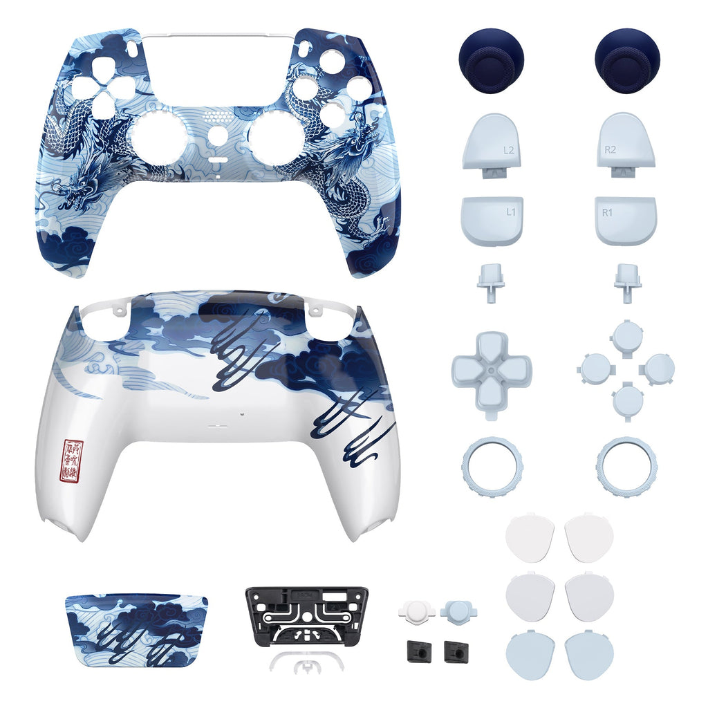 eXtremeRate LUNA Redesigned Replacement Full Set Shells with Buttons Compatible with PS5 Controller BDM-030/040/050 - Porcelain Dragon eXtremeRate