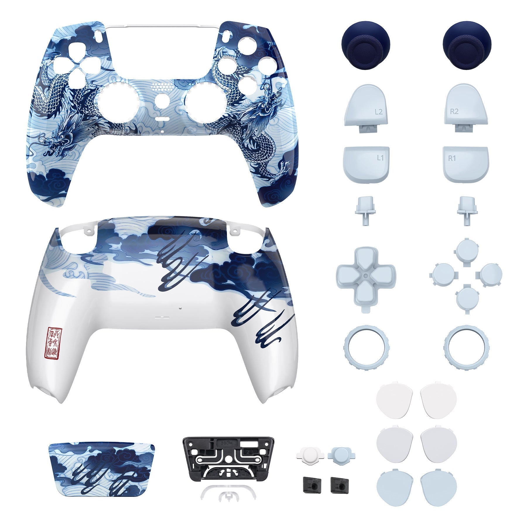 eXtremeRate LUNA Redesigned Replacement Full Set Shells with Buttons Compatible with PS5 Controller BDM-030/040/050 - Porcelain Dragon eXtremeRate